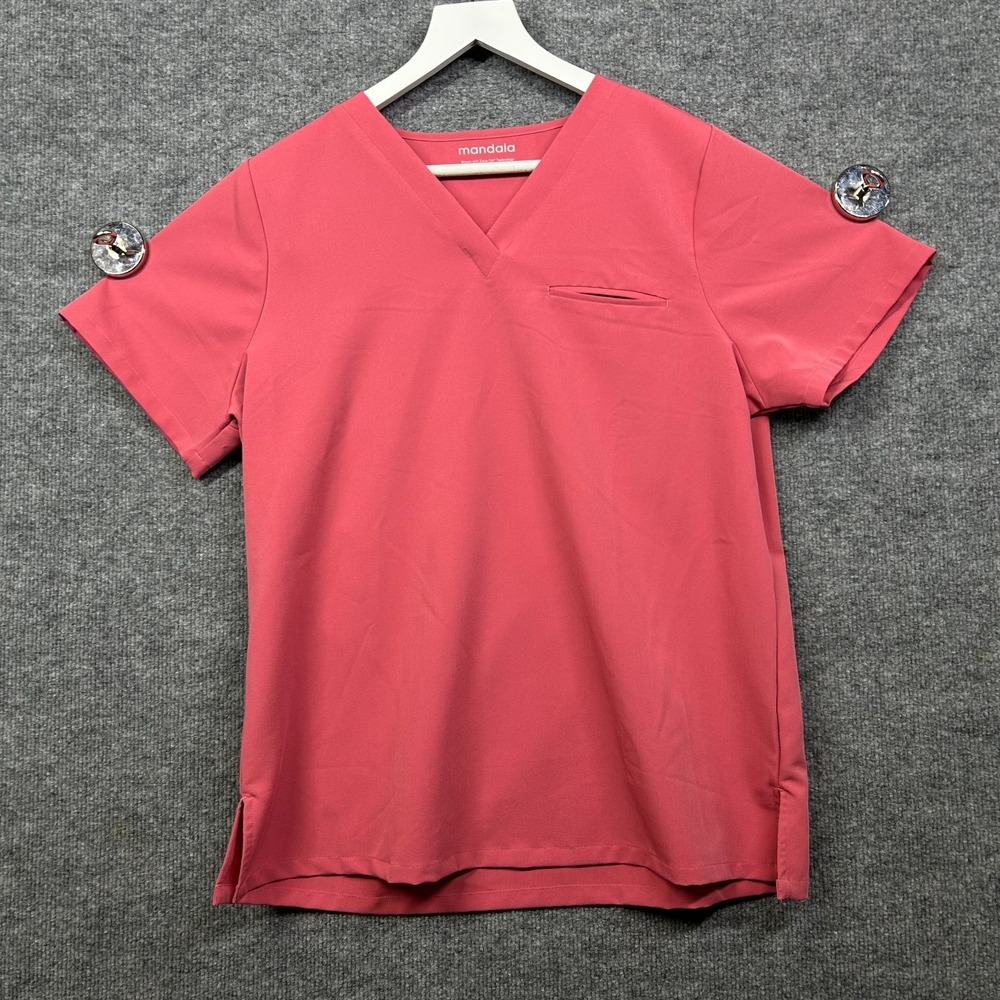 Mandala EquaTek V-Neck Scrub Top Womens Pink Short Sleeve Medical Uniform - L
